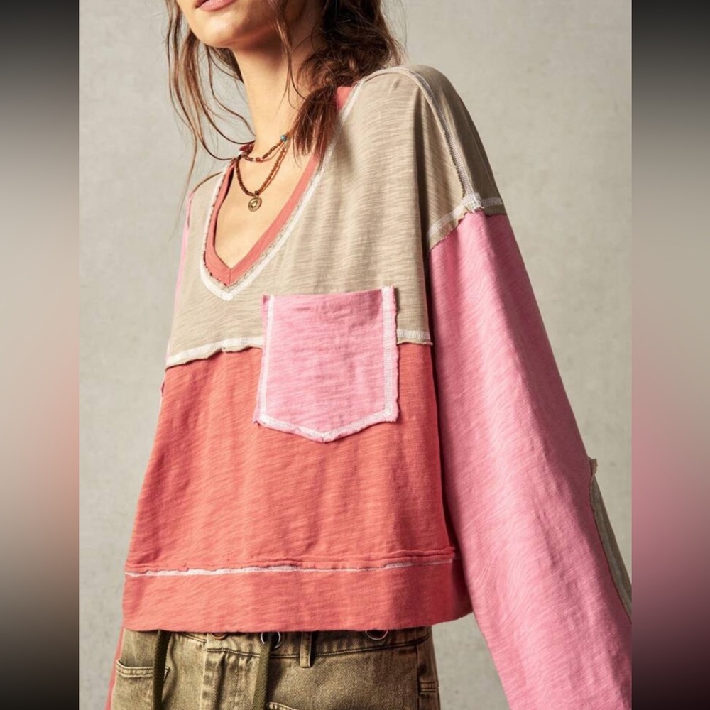 Boho cotton V neck color block blouse - Picture 5 of 8